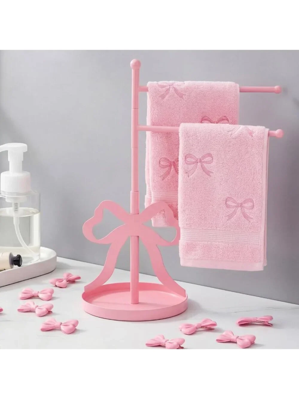 Cute Pink Bow Towel Holder - F-Shape Hand Towel Stand with Swivel Arms for
